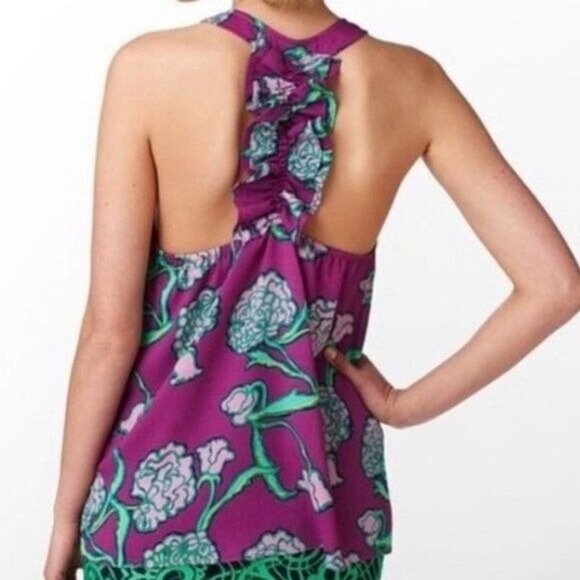 Lilly Pulitzer Devany Hollyhock Ruffle Racerback Purple Floral Tank Top, XS - Picture 1 of 10
